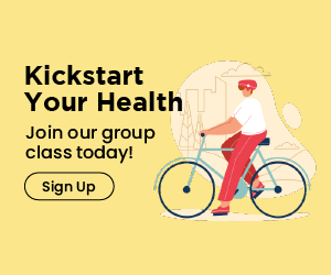 a graphic showing an example of an audio companion banner, which reads "Kickstart Your Health, Join our group class today!"