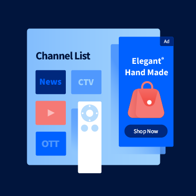 Illustrative graphic of ctv ad on a tv screen, including a remote control and a mock up of a ctv ad