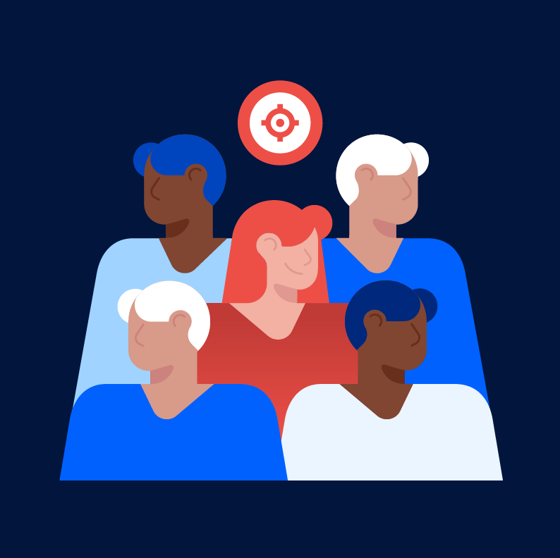 Illustrative image of an audience of five different people with a white and red target in the middle to represent audience targeting