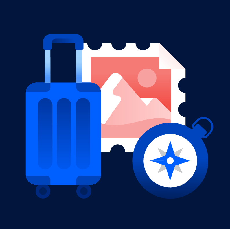 Illustrative image of a blue suitcase a postal stamp and a compass to represent travelling