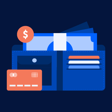 Illustrative graphic of a wallet, money, and a payment card