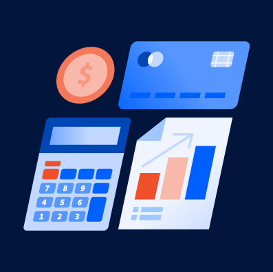 Illustrative graphic of money, calculator, reports, and a payment card