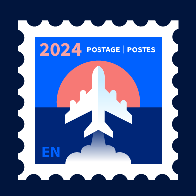 Illustrative graphic of a postage stamp with an airplane on it