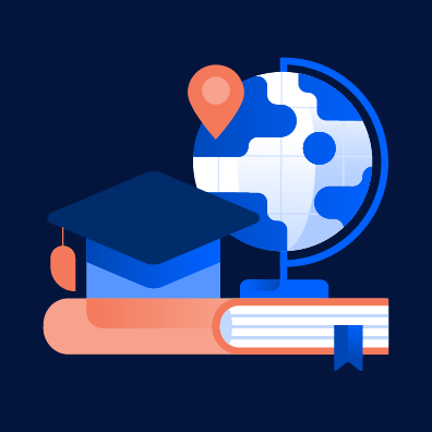 Illustrative graphic of a book, graduation cap, and a globe