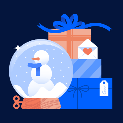 Illustrative graphic of a snow globe and holiday presents